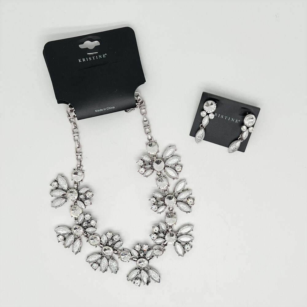 NWT Kristina Crystal Rhinestone Statement Necklace and Earrings Set Silver Tone
